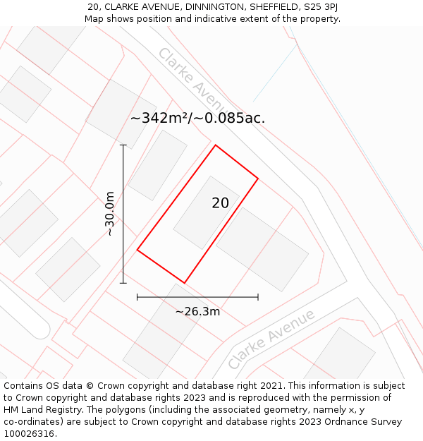 20, CLARKE AVENUE, DINNINGTON, SHEFFIELD, S25 3PJ: Plot and title map