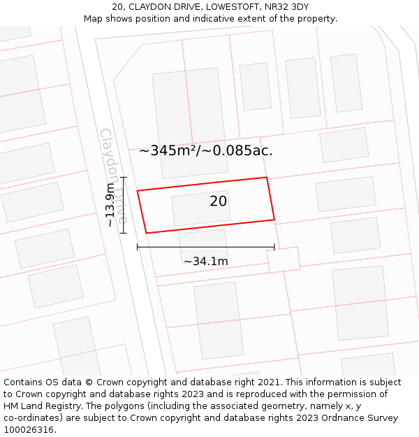 20, CLAYDON DRIVE, LOWESTOFT, NR32 3DY: Plot and title map