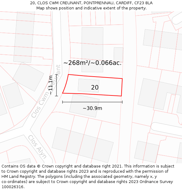 20, CLOS CWM CREUNANT, PONTPRENNAU, CARDIFF, CF23 8LA: Plot and title map