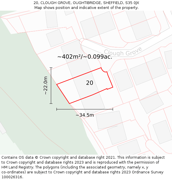 20, CLOUGH GROVE, OUGHTIBRIDGE, SHEFFIELD, S35 0JX: Plot and title map