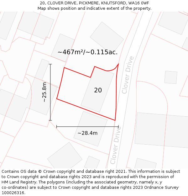 20, CLOVER DRIVE, PICKMERE, KNUTSFORD, WA16 0WF: Plot and title map