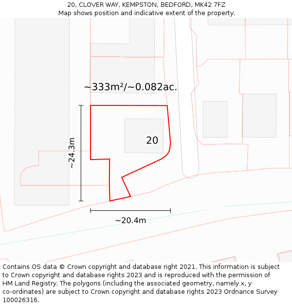 20, CLOVER WAY, KEMPSTON, BEDFORD, MK42 7FZ: Plot and title map