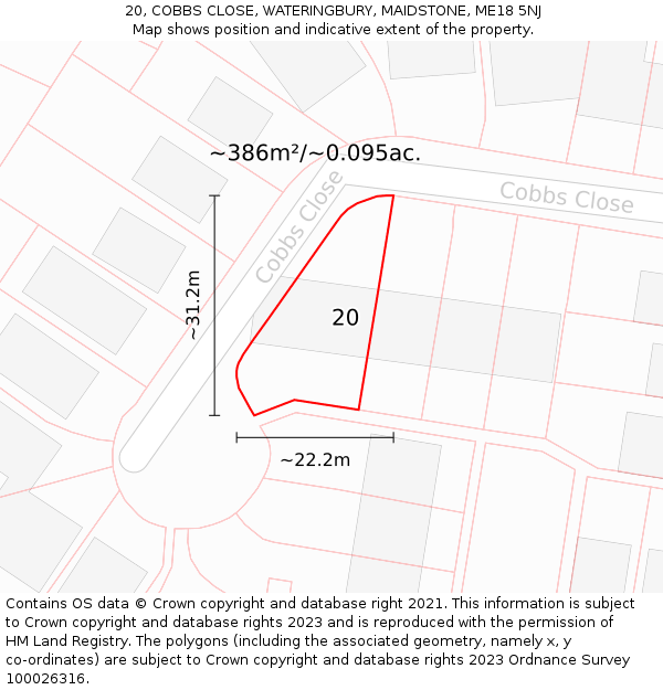 20, COBBS CLOSE, WATERINGBURY, MAIDSTONE, ME18 5NJ: Plot and title map