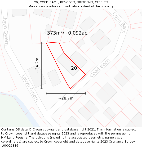 20, COED BACH, PENCOED, BRIDGEND, CF35 6TF: Plot and title map