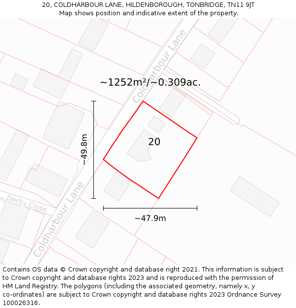 20, COLDHARBOUR LANE, HILDENBOROUGH, TONBRIDGE, TN11 9JT: Plot and title map