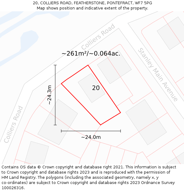 20, COLLIERS ROAD, FEATHERSTONE, PONTEFRACT, WF7 5PG: Plot and title map