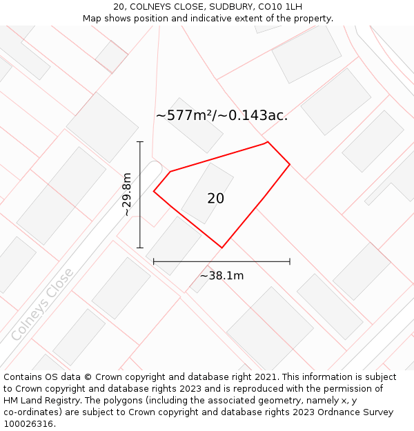 20, COLNEYS CLOSE, SUDBURY, CO10 1LH: Plot and title map