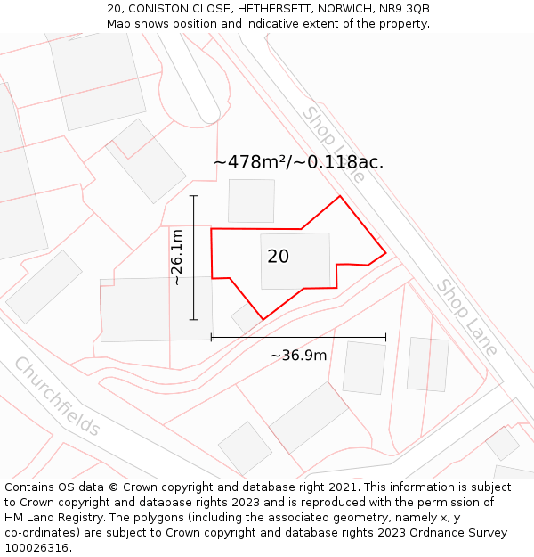 20, CONISTON CLOSE, HETHERSETT, NORWICH, NR9 3QB: Plot and title map