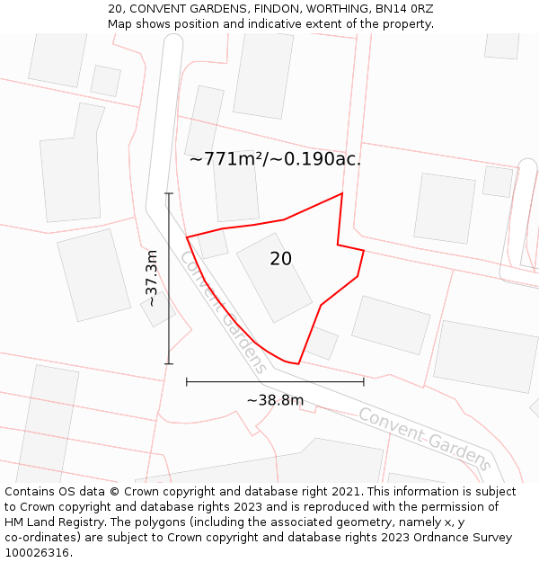 20, CONVENT GARDENS, FINDON, WORTHING, BN14 0RZ: Plot and title map