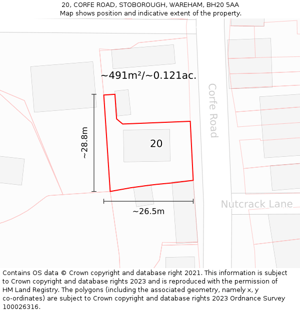 20, CORFE ROAD, STOBOROUGH, WAREHAM, BH20 5AA: Plot and title map