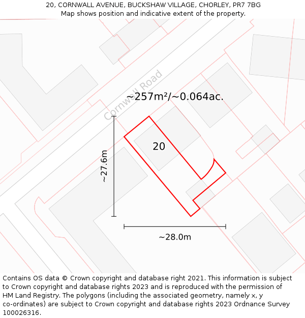 20, CORNWALL AVENUE, BUCKSHAW VILLAGE, CHORLEY, PR7 7BG: Plot and title map