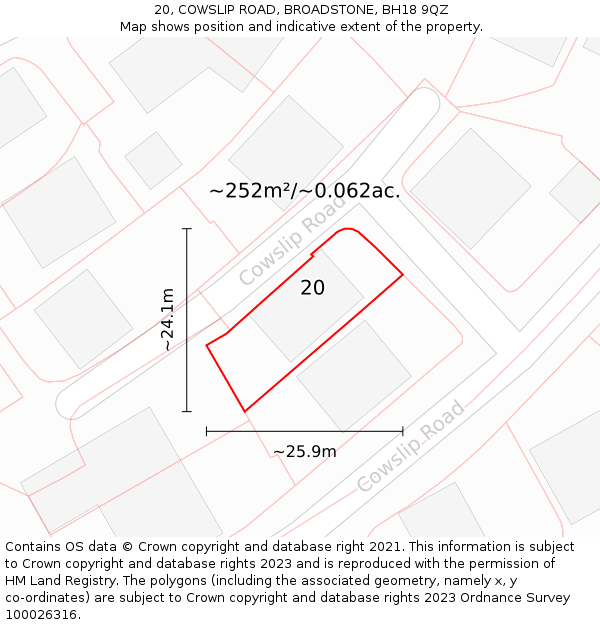 20, COWSLIP ROAD, BROADSTONE, BH18 9QZ: Plot and title map
