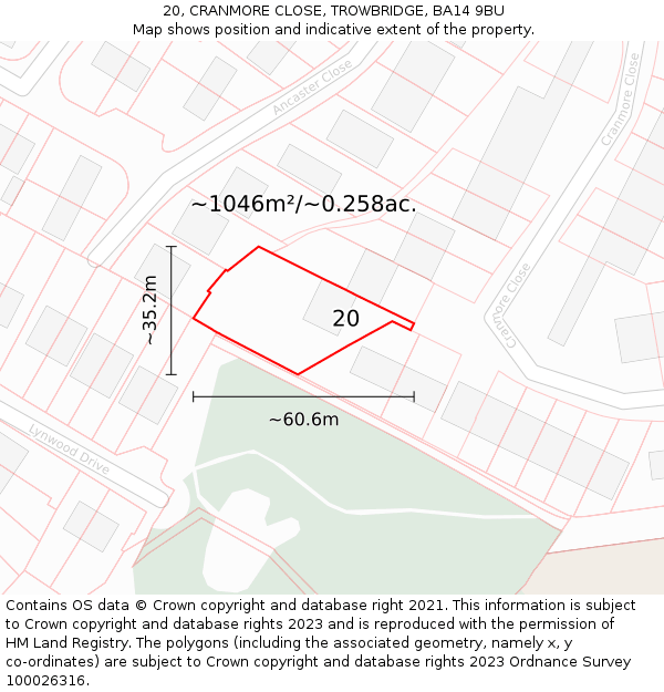 20, CRANMORE CLOSE, TROWBRIDGE, BA14 9BU: Plot and title map