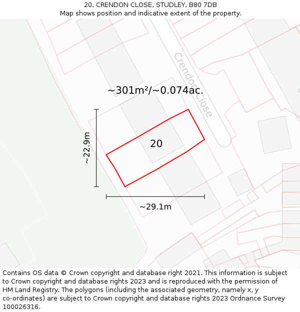 20, CRENDON CLOSE, STUDLEY, B80 7DB: Plot and title map
