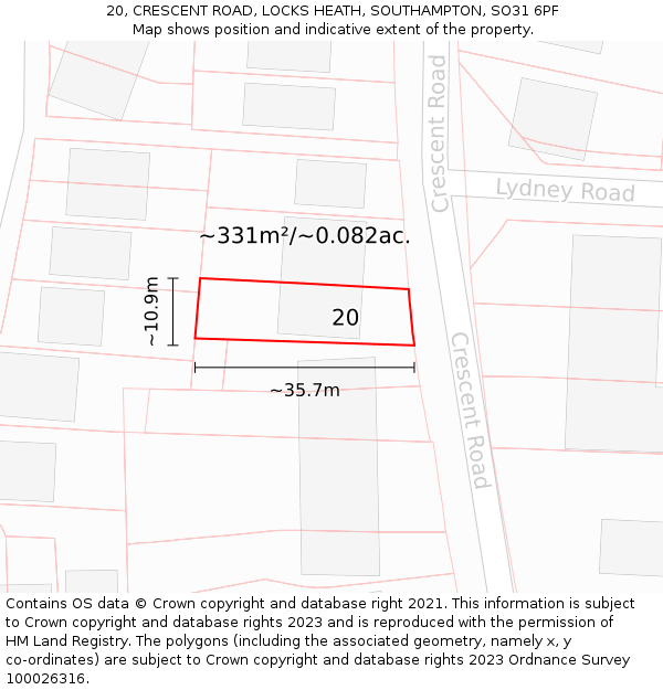 20, CRESCENT ROAD, LOCKS HEATH, SOUTHAMPTON, SO31 6PF: Plot and title map