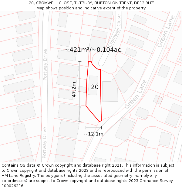 20, CROMWELL CLOSE, TUTBURY, BURTON-ON-TRENT, DE13 9HZ: Plot and title map