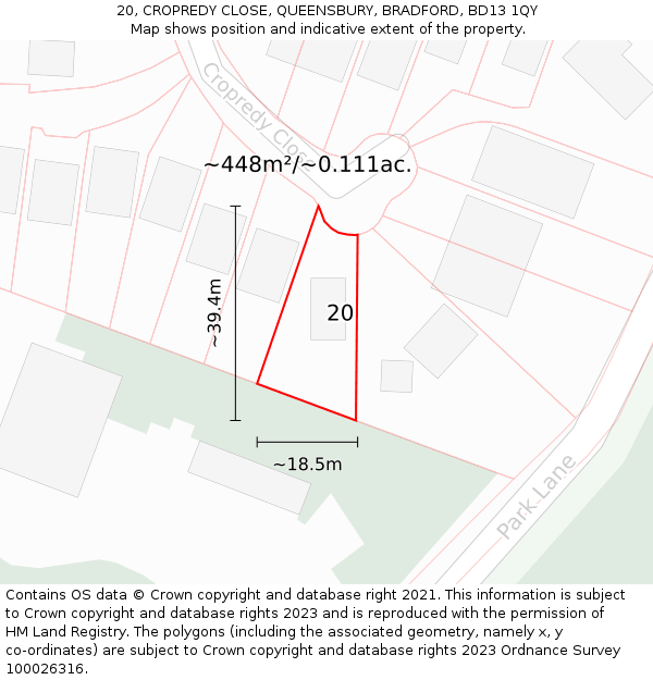 20, CROPREDY CLOSE, QUEENSBURY, BRADFORD, BD13 1QY: Plot and title map
