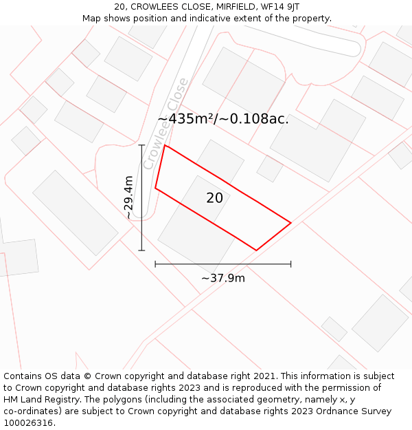 20, CROWLEES CLOSE, MIRFIELD, WF14 9JT: Plot and title map