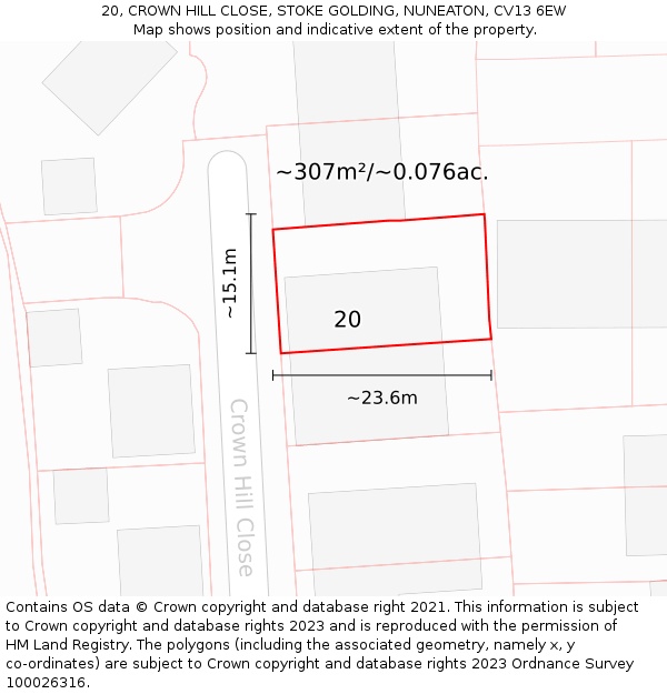 20, CROWN HILL CLOSE, STOKE GOLDING, NUNEATON, CV13 6EW: Plot and title map