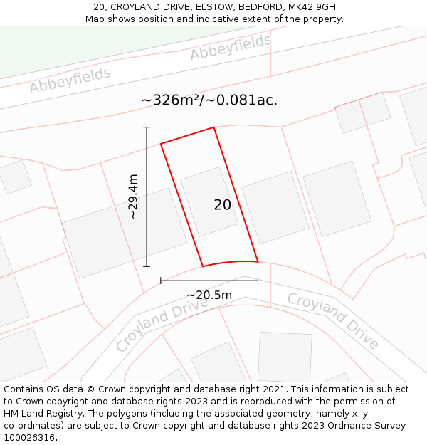 20, CROYLAND DRIVE, ELSTOW, BEDFORD, MK42 9GH: Plot and title map