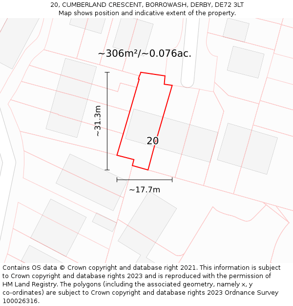 20, CUMBERLAND CRESCENT, BORROWASH, DERBY, DE72 3LT: Plot and title map