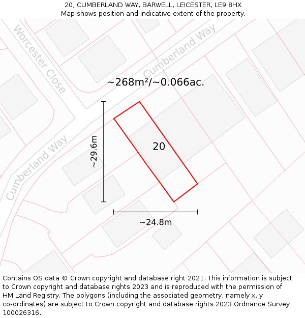20, CUMBERLAND WAY, BARWELL, LEICESTER, LE9 8HX: Plot and title map