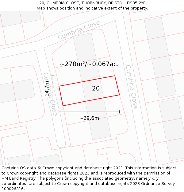 20, CUMBRIA CLOSE, THORNBURY, BRISTOL, BS35 2YE: Plot and title map