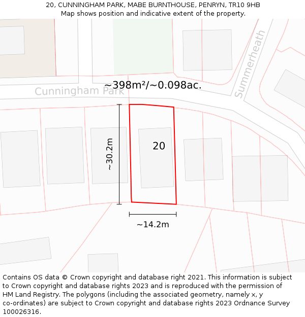 20, CUNNINGHAM PARK, MABE BURNTHOUSE, PENRYN, TR10 9HB: Plot and title map
