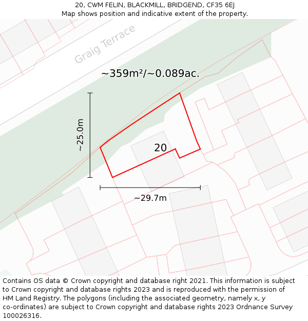 20, CWM FELIN, BLACKMILL, BRIDGEND, CF35 6EJ: Plot and title map