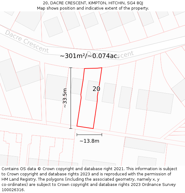 20, DACRE CRESCENT, KIMPTON, HITCHIN, SG4 8QJ: Plot and title map