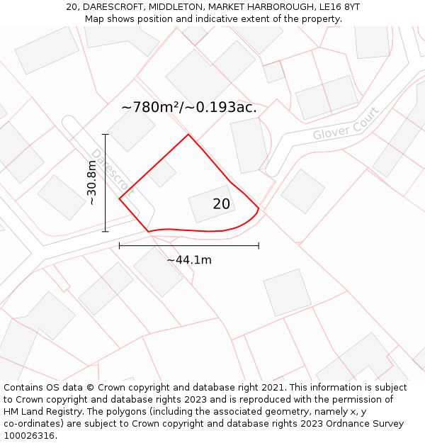 20, DARESCROFT, MIDDLETON, MARKET HARBOROUGH, LE16 8YT: Plot and title map