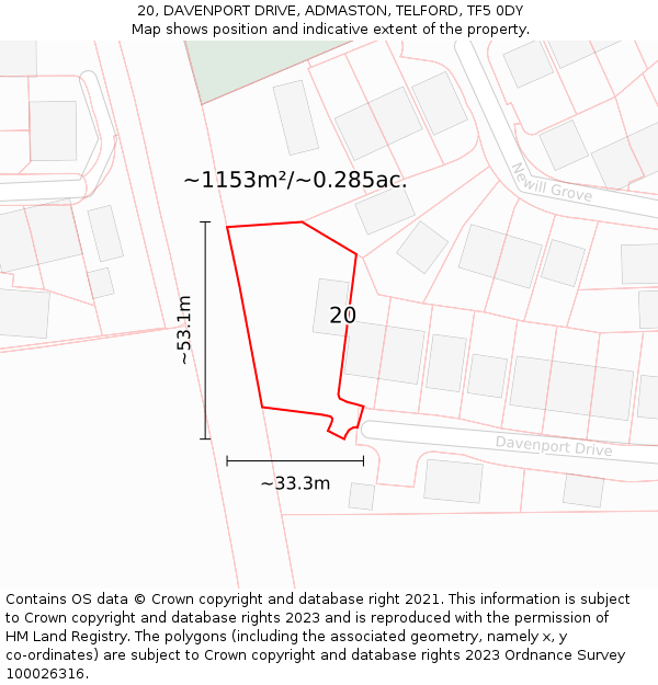 20, DAVENPORT DRIVE, ADMASTON, TELFORD, TF5 0DY: Plot and title map