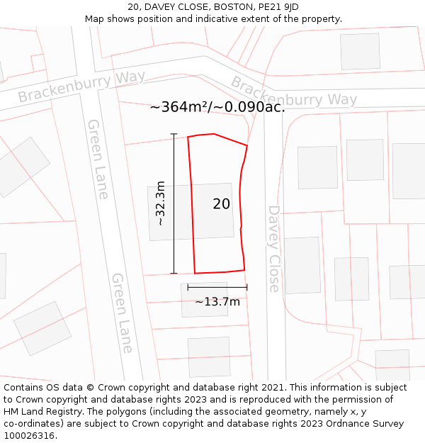 20, DAVEY CLOSE, BOSTON, PE21 9JD: Plot and title map