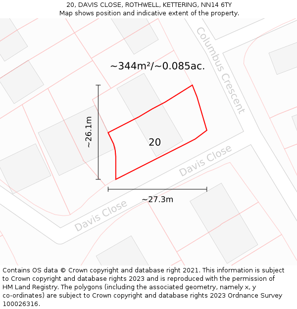 20, DAVIS CLOSE, ROTHWELL, KETTERING, NN14 6TY: Plot and title map