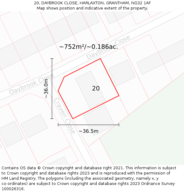 20, DAYBROOK CLOSE, HARLAXTON, GRANTHAM, NG32 1AF: Plot and title map