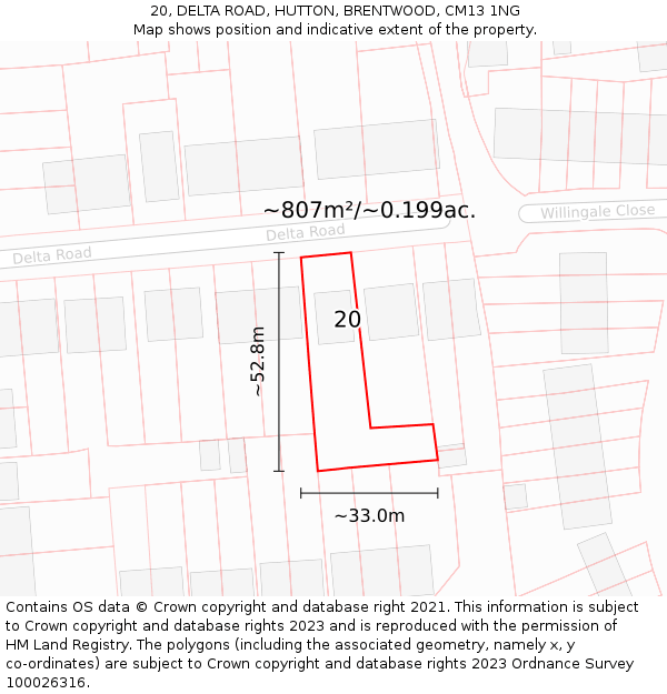 20, DELTA ROAD, HUTTON, BRENTWOOD, CM13 1NG: Plot and title map