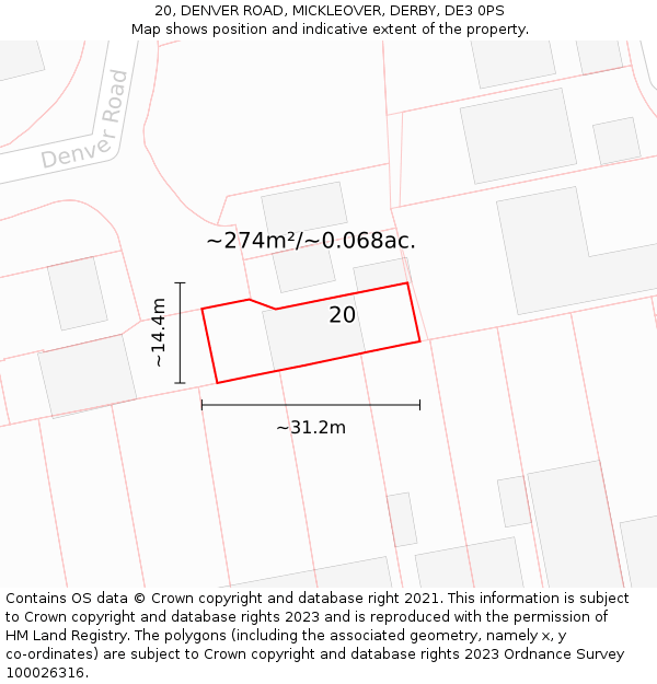 20, DENVER ROAD, MICKLEOVER, DERBY, DE3 0PS: Plot and title map