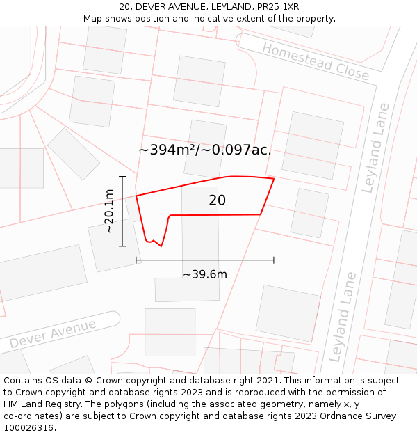 20, DEVER AVENUE, LEYLAND, PR25 1XR: Plot and title map