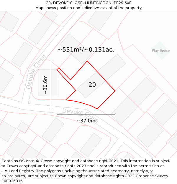 20, DEVOKE CLOSE, HUNTINGDON, PE29 6XE: Plot and title map