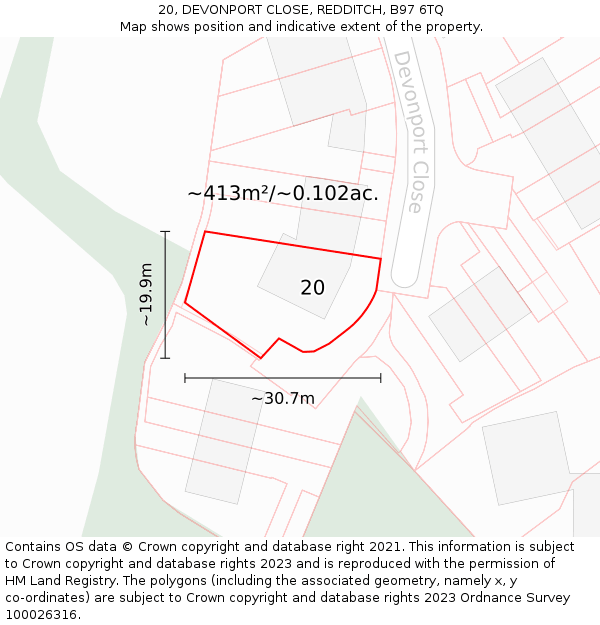 20, DEVONPORT CLOSE, REDDITCH, B97 6TQ: Plot and title map