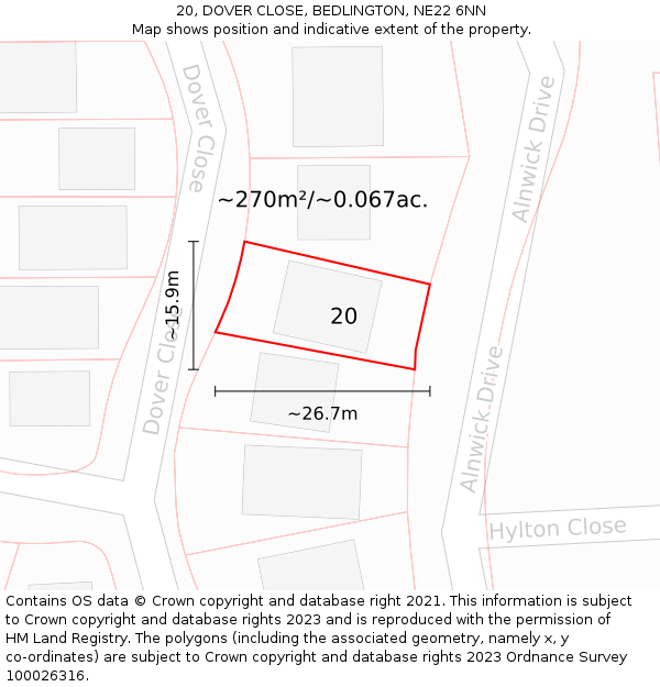 20, DOVER CLOSE, BEDLINGTON, NE22 6NN: Plot and title map