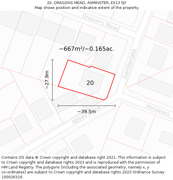 20, DRAGONS MEAD, AXMINSTER, EX13 5JY: Plot and title map