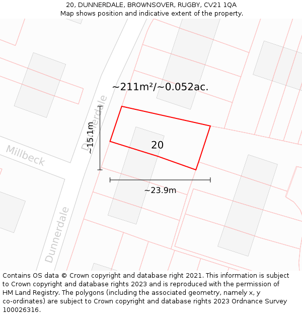 20, DUNNERDALE, BROWNSOVER, RUGBY, CV21 1QA: Plot and title map