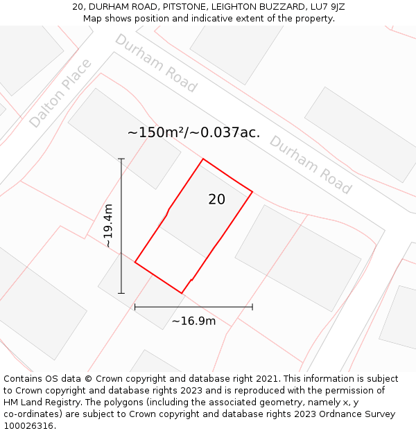 20, DURHAM ROAD, PITSTONE, LEIGHTON BUZZARD, LU7 9JZ: Plot and title map