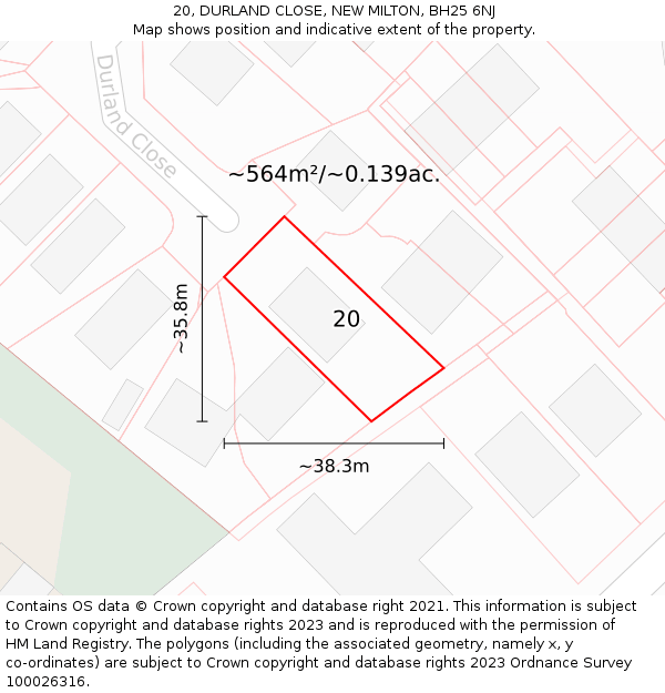 20, DURLAND CLOSE, NEW MILTON, BH25 6NJ: Plot and title map