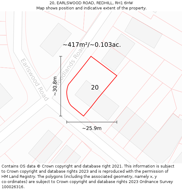 20, EARLSWOOD ROAD, REDHILL, RH1 6HW: Plot and title map