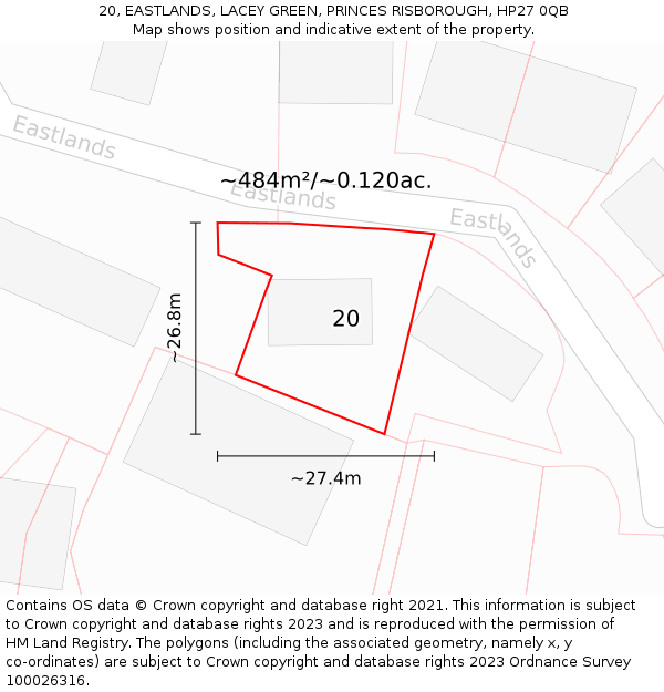 20, EASTLANDS, LACEY GREEN, PRINCES RISBOROUGH, HP27 0QB: Plot and title map