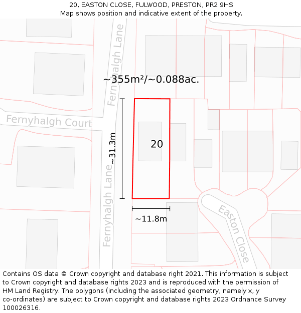 20, EASTON CLOSE, FULWOOD, PRESTON, PR2 9HS: Plot and title map