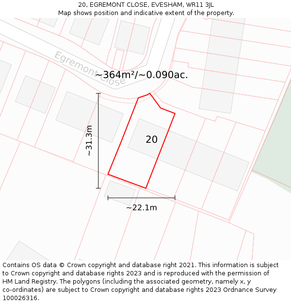 20, EGREMONT CLOSE, EVESHAM, WR11 3JL: Plot and title map