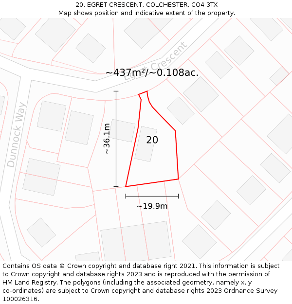 20, EGRET CRESCENT, COLCHESTER, CO4 3TX: Plot and title map